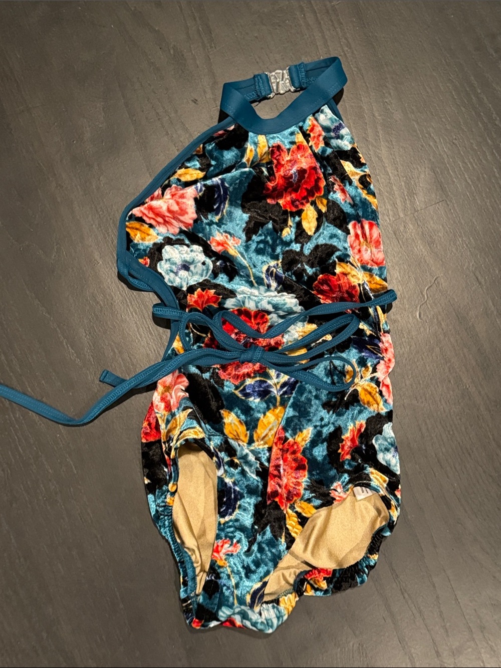 Teal Floral Velvet Halter Dance Costume for Kids
